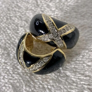 Vintage Black & Gold Tone Small Hoops  W White Gems Clip On Earrings